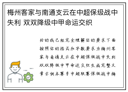 梅州客家与南通支云在中超保级战中失利 双双降级中甲命运交织